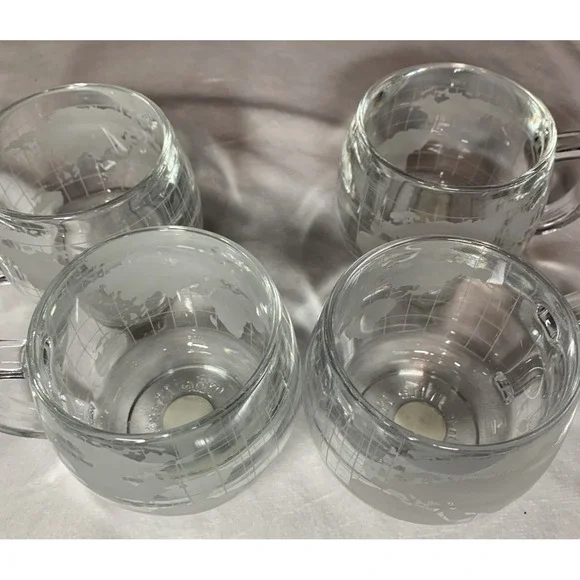 4 Vintage 1970s Nestle Nescafe World Globe Map Etched Clear Glass Coffee Mugs - Picture 2 of 5